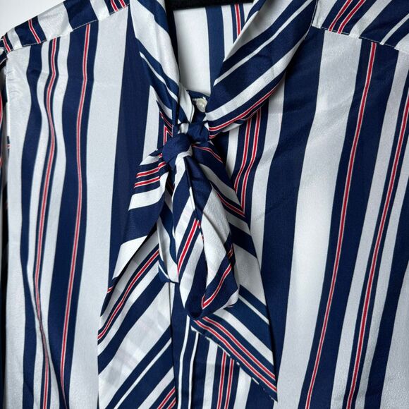 Vintage Evan Picone Neck Bow Blouse Womens 14 Striped Blue Red White Union Made - Picture 2 of 14